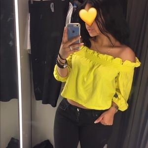 Bright yellow Zara off the shoulders top